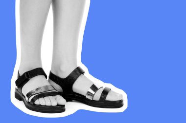 Bayan giysi ayakkabısı. Deri sandalet giyen uzun ince kadın bacakları. Fotokopi alanı olan moda modeli. Klasik ve günlük kıyafet konsepti. Ayrıntılı yakın çekim stüdyo çekimi. Dergi tarzı moda kolajı