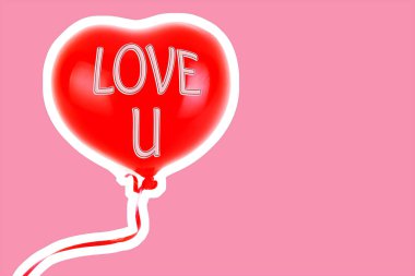 Kırmızı lastik şişme kalp şeklinde balon. Aşk, ilişki, sevgililer günü ve doğum günü kutlaması konsepti. Boş kopya alanı olan dergi tarzı moda kolajı