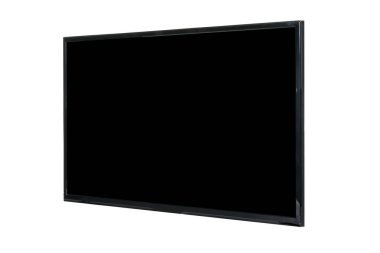 Modern yüksek çözünürlüklü televizyon. Lcd düz ekran, boş siyah ekran, soyut, bulanık beyaz zemin üzerinde izole. Teknoloji ve 4K televizyon reklam konsepti. Ayrıntılı stüdyo kapanışı