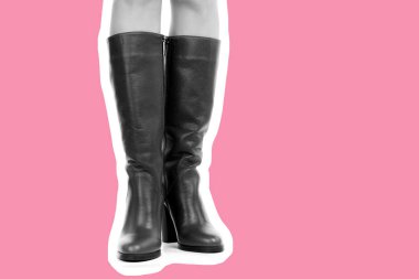 Bayan giysi ayakkabısı. Uzun ince kadın bacakları yüksek topuklu uzun çizme giyer. Fotokopi alanı olan moda modeli. Klasik ve günlük kıyafet konsepti. Ayrıntılı yakın çekim stüdyo çekimi. Dergi tarzı moda kolajı