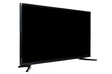 Modern yüksek çözünürlüklü televizyon. Lcd düz ekran, boş siyah renkli ekran, soyut, bulanık beyaz arkaplan üzerinde izole. Teknoloji ve 4K televizyon reklam konsepti. Ayrıntılı stüdyo kapanışı