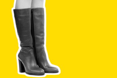 Bayan giysi ayakkabısı. Uzun ince kadın bacakları yüksek topuklu uzun çizme giyer. Fotokopi alanı olan moda modeli. Klasik ve günlük kıyafet konsepti. Ayrıntılı yakın çekim stüdyo çekimi. Dergi tarzı moda kolajı