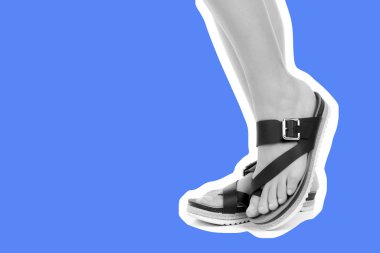 Bayan giysi ayakkabısı. Deri sandalet giyen uzun ince kadın bacakları. Fotokopi alanı olan moda modeli. Klasik ve günlük kıyafet konsepti. Ayrıntılı yakın çekim stüdyo çekimi. Dergi tarzı moda kolajı