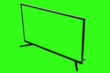 Modern yüksek çözünürlüklü televizyon. Lcd düz ekran, boş yeşil ekran, soyut bulanık krom anahtar arkaplan izole. Teknoloji ve 4K televizyon reklam konsepti. Ayrıntılı stüdyo kapanışı