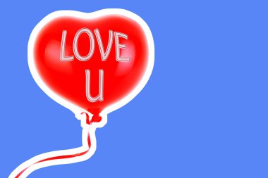 Kırmızı lastik şişme kalp şeklinde balon. Aşk, ilişki, sevgililer günü ve doğum günü kutlaması konsepti. Boş kopya alanı olan dergi tarzı moda kolajı