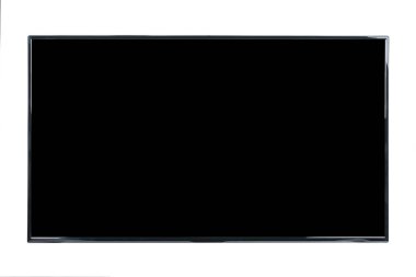Modern yüksek çözünürlüklü televizyon. Lcd düz ekran, boş siyah ekran, soyut, bulanık beyaz zemin üzerinde izole. Teknoloji ve 4K televizyon reklam konsepti. Ayrıntılı stüdyo kapanışı