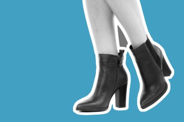 Bayan giysi ayakkabısı. Uzun ince kadın bacakları yüksek topuklu ayakkabı giyer. Fotokopi alanı olan moda modeli. Klasik ve günlük kıyafet konsepti. Ayrıntılı yakın çekim stüdyo çekimi. Dergi tarzı moda kolajı