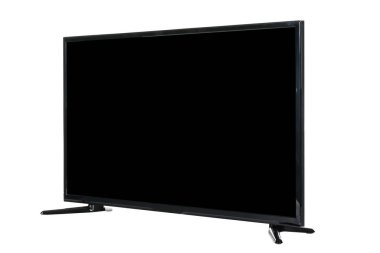 Modern yüksek çözünürlüklü televizyon. Lcd düz ekran, boş siyah ekran, soyut, bulanık beyaz zemin üzerinde izole. Teknoloji ve 4K televizyon reklam konsepti. Ayrıntılı stüdyo kapanışı