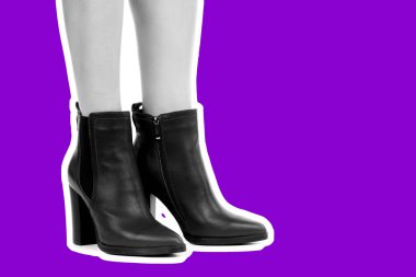 Bayan giysi ayakkabısı. Uzun ince kadın bacakları yüksek topuklu ayakkabı giyer. Fotokopi alanı olan moda modeli. Klasik ve günlük kıyafet konsepti. Ayrıntılı yakın çekim stüdyo çekimi. Dergi tarzı moda kolajı