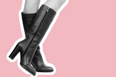 Bayan giysi ayakkabısı. Uzun ince dişinin bacakları yüksek topuklu uzun çizmeler giyer. Fotokopi alanı olan moda modeli. Klasik ve günlük kıyafet konsepti. Ayrıntılı yakın çekim stüdyo çekimi. Dergi tarzı moda kolajı