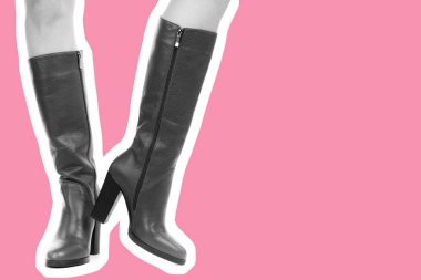 Bayan giysi ayakkabısı. Uzun ince kadın bacakları yüksek topuklu uzun çizme giyer. Fotokopi alanı olan moda modeli. Klasik ve günlük kıyafet konsepti. Ayrıntılı yakın çekim stüdyo çekimi. Dergi tarzı moda kolajı