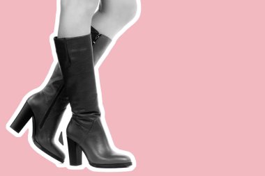 Bayan giysi ayakkabısı. Uzun ince kadın bacakları yüksek topuklu uzun çizme giyer. Fotokopi alanı olan moda modeli. Klasik ve günlük kıyafet konsepti. Ayrıntılı yakın çekim stüdyo çekimi. Dergi tarzı moda kolajı