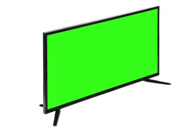 Modern yüksek çözünürlüklü televizyon. Lcd düz ekran, boş yeşil renkli ekran, soyut, bulanık beyaz arka planda izole edilmiş. Teknoloji ve 4K televizyon reklam konsepti. Ayrıntılı stüdyo kapanışı