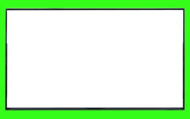 Modern yüksek çözünürlüklü televizyon. Lcd düz ekran, beyaz krom anahtar ekranlı, soyut, bulanık yeşil arka planda izole edilmiş. Teknoloji ve 4K televizyon reklam konsepti. Ayrıntılı stüdyo kapanışı