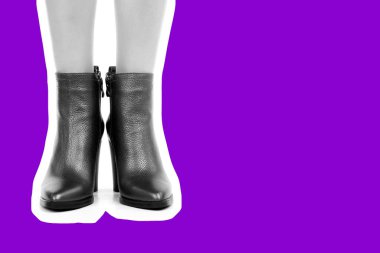 Bayan giysi ayakkabısı. Yüksek topuklu ayakkabı giyen uzun ince kadın bacakları. Fotokopi alanı olan moda modeli. Klasik ve günlük kıyafet konsepti. Ayrıntılı yakın çekim stüdyo çekimi. Dergi tarzı moda kolajı