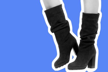 Bayan giysi ayakkabısı. Uzun ince kadın bacakları yüksek topuklu uzun çizme giyer. Fotokopi alanı olan moda modeli. Klasik ve günlük kıyafet konsepti. Ayrıntılı yakın çekim stüdyo çekimi. Dergi tarzı moda kolajı