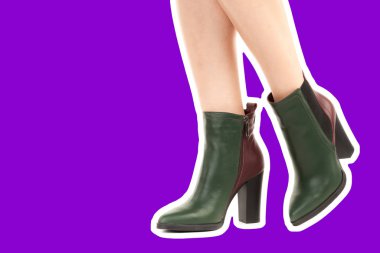 Bayan giysi ayakkabısı. Uzun ince kadın bacakları yüksek topuklu ayakkabı giyer. Fotokopi alanı olan moda modeli. Klasik ve günlük kıyafet konsepti. Ayrıntılı yakın çekim stüdyo çekimi. Dergi tarzı moda kolajı