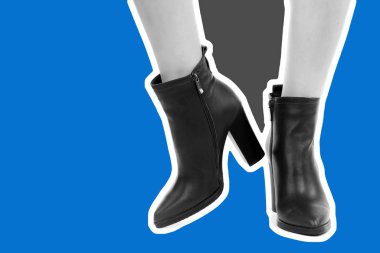 Bayan giysi ayakkabısı. Uzun ince kadın bacakları yüksek topuklu ayakkabı giyer. Fotokopi alanı olan moda modeli. Klasik ve günlük kıyafet konsepti. Ayrıntılı yakın çekim stüdyo çekimi. Dergi tarzı moda kolajı