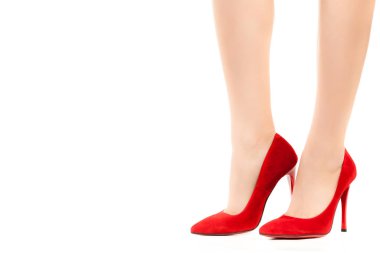 Bayan giysi ayakkabısı. Uzun ince kadın bacakları yüksek topuklu ayakkabı giyiyor. Fotokopi alanı olan moda modeli. Klasik ve günlük kıyafet konsepti. Ayrıntılı yakın çekim stüdyo çekimi beyaz arkaplanda izole edildi.
