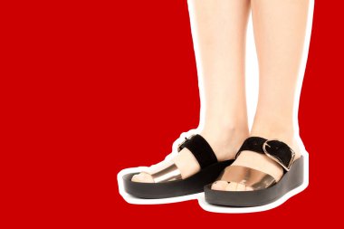 Bayan giysi ayakkabısı. Deri sandalet giyen uzun ince kadın bacakları. Fotokopi alanı olan moda modeli. Klasik ve günlük kıyafet konsepti. Detaylı yakın çekim stüdyo çekimi Magazin tarzı moda kolajı