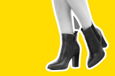 Bayan giysi ayakkabısı. Uzun ince kadın bacakları yüksek topuklu ayakkabı giyer. Fotokopi alanı olan moda modeli. Klasik ve günlük kıyafet konsepti. Ayrıntılı yakın çekim stüdyo çekimi. Dergi tarzı moda kolajı