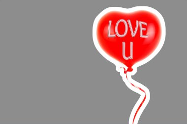 Kırmızı lastik şişme kalp şeklinde balon. Aşk, ilişki, sevgililer günü ve doğum günü kutlaması konsepti. Boş kopya alanı olan dergi tarzı moda kolajı