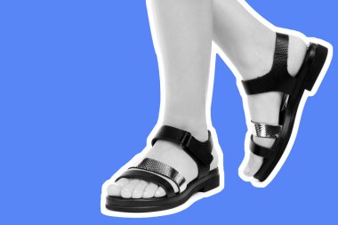 Bayan giysi ayakkabısı. Deri sandalet giyen uzun ince kadın bacakları. Fotokopi alanı olan moda modeli. Klasik ve günlük kıyafet konsepti. Detaylı yakın çekim stüdyo çekimi Magazin tarzı moda kolajı