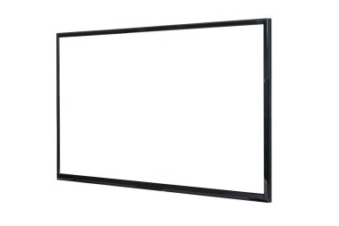 Modern yüksek çözünürlüklü televizyon. Lcd düz ekran ve boş ekran, soyut bulanık beyaz arkaplan üzerinde izole. Teknoloji ve 4K televizyon reklam konsepti. Ayrıntılı stüdyo kapanışı