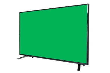 Modern yüksek çözünürlüklü televizyon. Lcd düz ekran, boş yeşil renkli ekran, soyut, bulanık beyaz arka planda izole edilmiş. Teknoloji ve 4K televizyon reklam konsepti. Ayrıntılı stüdyo kapanışı