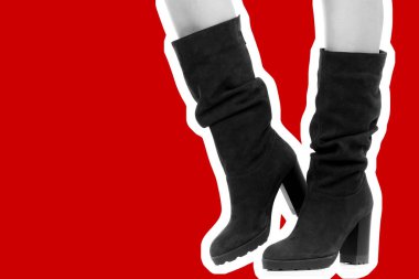 Bayan giysi ayakkabısı. Uzun ince kadın bacakları yüksek topuklu uzun çizme giyer. Fotokopi alanı olan moda modeli. Klasik ve günlük kıyafet konsepti. Ayrıntılı yakın çekim stüdyo çekimi. Dergi tarzı moda kolajı