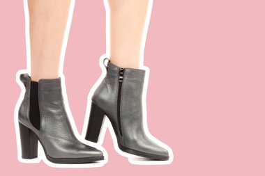 Bayan giysi ayakkabısı. Uzun ince kadın bacakları yüksek topuklu ayakkabı giyer. Fotokopi alanı olan moda modeli. Klasik ve günlük kıyafet konsepti. Ayrıntılı yakın çekim stüdyo çekimi. Dergi tarzı moda kolajı