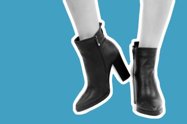 Bayan giysi ayakkabısı. Uzun ince kadın bacakları yüksek topuklu ayakkabı giyer. Fotokopi alanı olan moda modeli. Klasik ve günlük kıyafet konsepti. Ayrıntılı yakın çekim stüdyo çekimi. Dergi tarzı moda kolajı