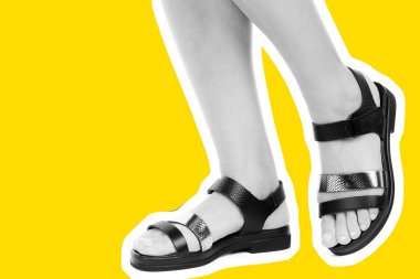 Bayan giysi ayakkabısı. Deri sandalet giyen uzun ince kadın bacakları. Fotokopi alanı olan moda modeli. Klasik ve günlük kıyafet konsepti. Ayrıntılı yakın çekim stüdyo çekimi. Dergi tarzı moda kolajı