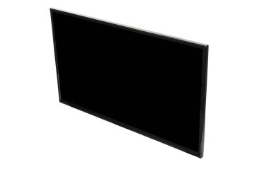 Modern yüksek çözünürlüklü televizyon. Lcd düz ekran, boş siyah ekran, soyut, bulanık beyaz zemin üzerinde izole. Teknoloji ve 4K televizyon reklam konsepti. Ayrıntılı stüdyo kapanışı
