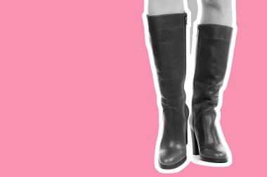 Bayan giysi ayakkabısı. Uzun ince kadın bacakları yüksek topuklu uzun çizme giyer. Fotokopi alanı olan moda modeli. Klasik ve günlük kıyafet konsepti. Ayrıntılı yakın çekim stüdyo çekimi. Dergi tarzı moda kolajı