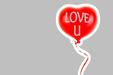 Kırmızı lastik şişme kalp şeklinde balon. Aşk, ilişki, sevgililer günü ve doğum günü kutlaması konsepti. Boş kopya alanı olan dergi tarzı moda kolajı