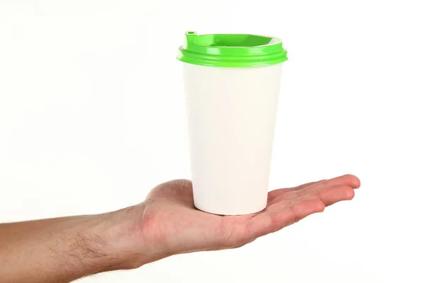 Die Menschliche Hand Hält Eine Leere Kaffeetasse Aus Papier Mit — Stockfoto