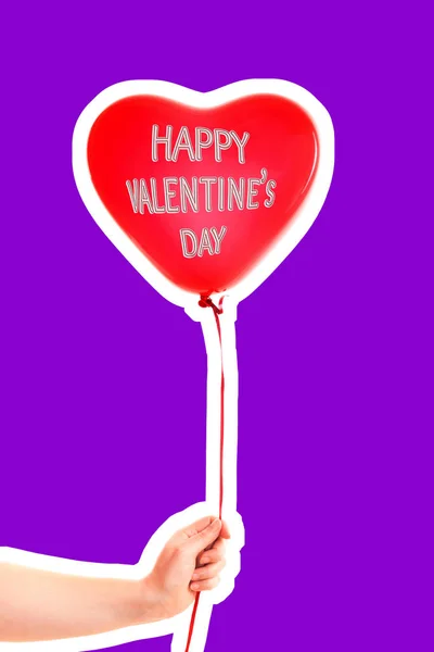 Female Hand Holds Red Rubber Inflatable Heart Shape Balloon Love — 스톡 사진