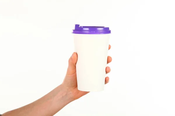 Human Hand Holds Blank Paper Coffee Cup Plastic Cap Concept — Stock Photo, Image