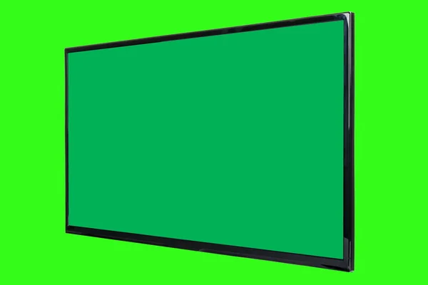 Modern high definition TV. LCD flat monitor with blank chromakey screen, isolated on abstract blurred green background. Technology and 4k television advertising concept. Detailed studio closeup