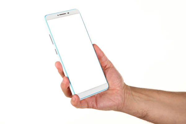 Menselijke Hand Houdt Een Moderne Smartphone Met Een Leeg Chromakey — Stockfoto