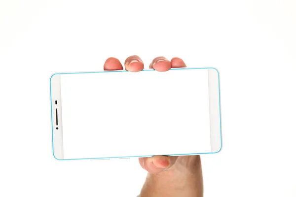 Human Hand Holds Modern Smartphone Blank Chromakey Screen Palm Technology — Stock Photo, Image