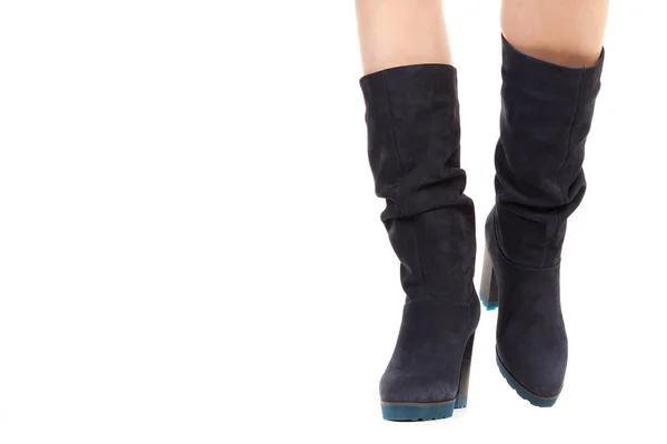 Calçado Roupa Senhora Pernas Femininas Magras Longas Usam Botas Salto — Fotografia de Stock