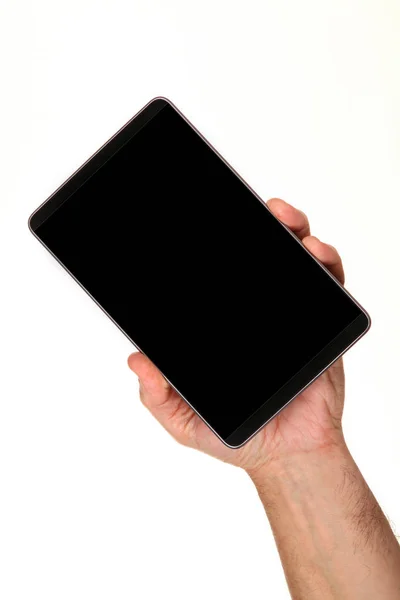 人类的手拿着一个现代的智能手机 掌上有一个空白的铬屏 技术和广告概念 在抽象模糊的白色背景下隔离的详细特写镜头拍摄 — 图库照片