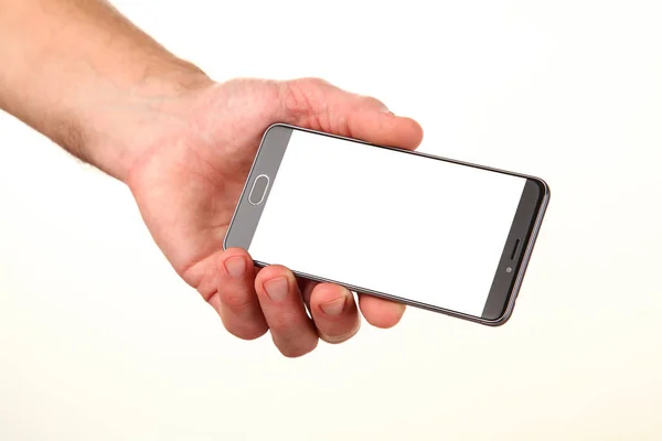 Ανθρώπινο Χέρι Κατέχει Ένα Σύγχρονο Smartphone Ένα Κενό Chromakey Οθόνη — Φωτογραφία Αρχείου