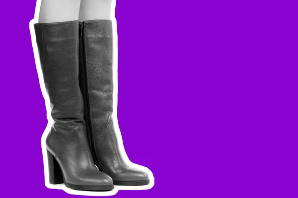 女装鞋袜 细长的女性腿穿着高跟鞋 仿制空间的时尚模型 经典和休闲服装的概念 详细特写镜头拍摄杂志风格的时装拼贴 — 图库照片