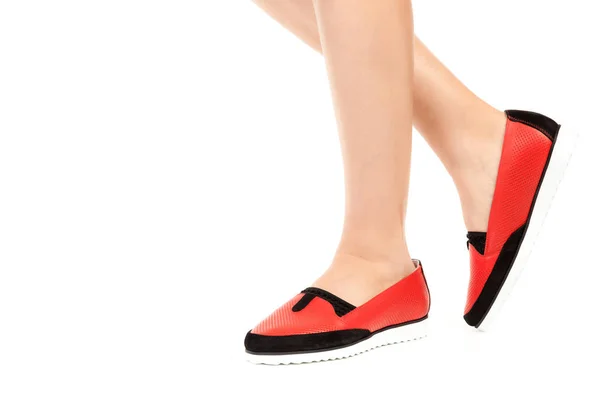 Bayan Giysi Ayakkabısı Düşük Deri Ayakkabılar Giyen Uzun Ince Kadın — Stok fotoğraf