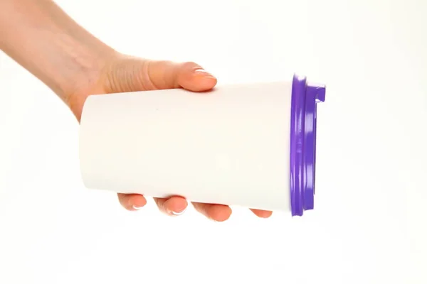 Human Hand Holds Blank Paper Coffee Cup Plastic Cap Concept — 스톡 사진