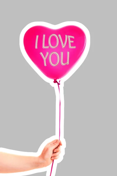 Female Hand Holds Red Rubber Inflatable Heart Shape Balloon Love — Stock Photo, Image