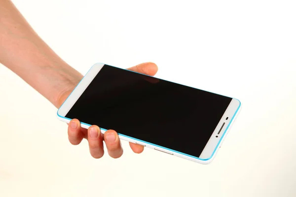 Human Hand Holds Modern Smartphone Blank Chromakey Screen Palm Technology — Stock Photo, Image